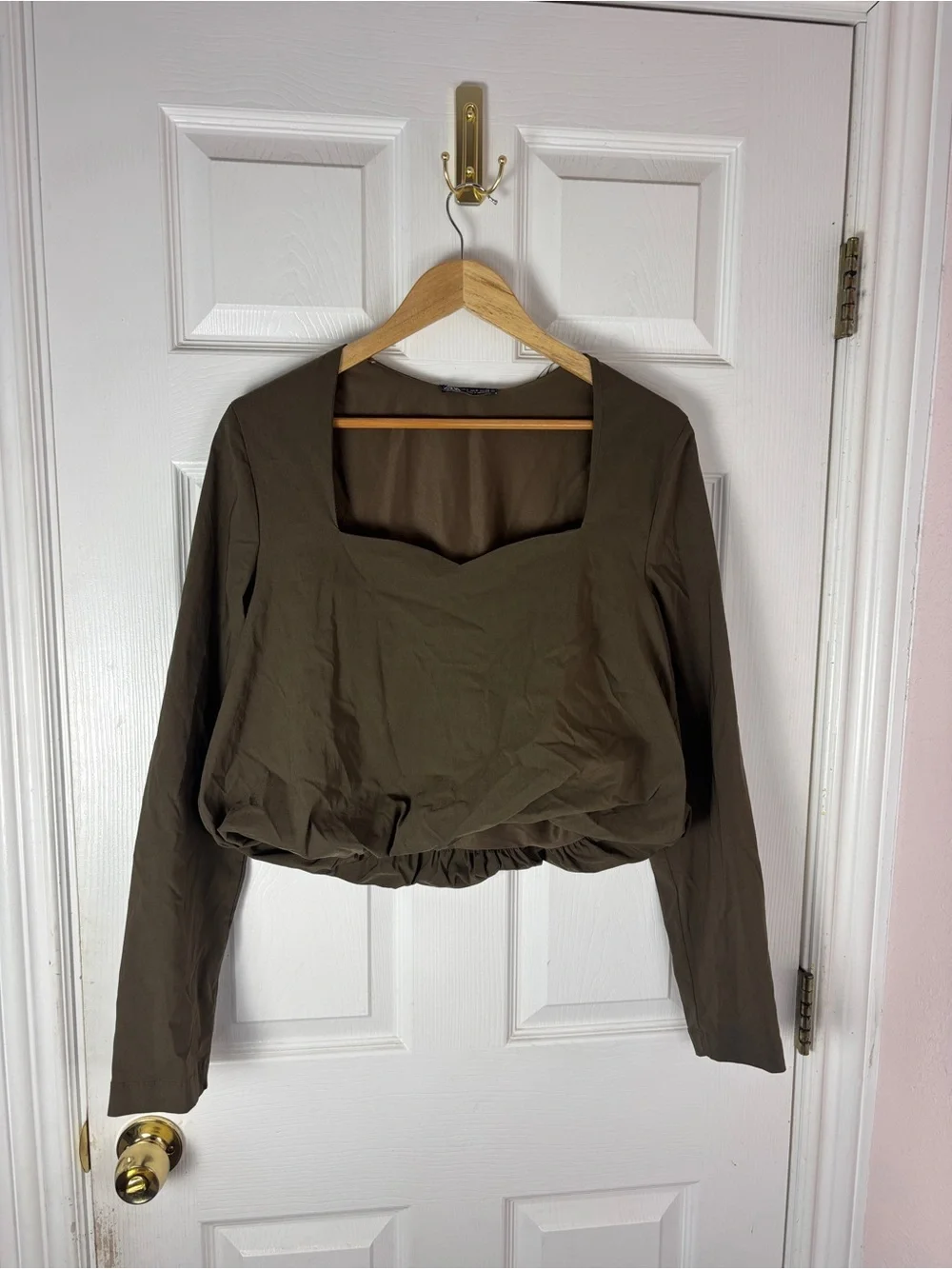 Zara Olive Brown Square Neck Bubble Hem Long Sleeve Crop Top Size M⁠